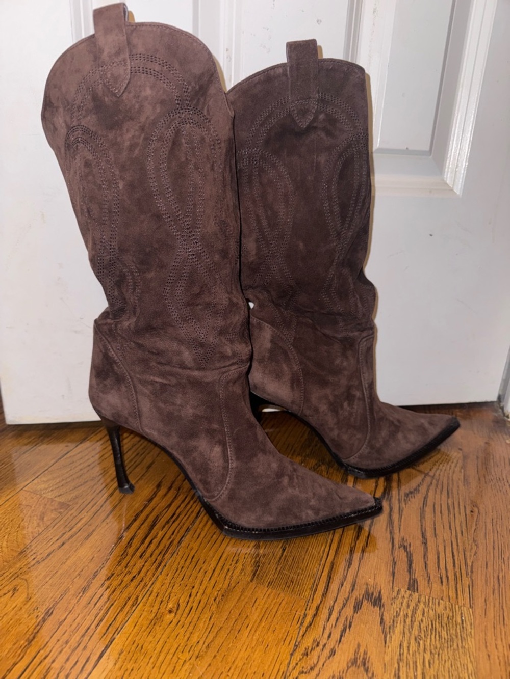 Women's Brown Suede Pointed-Toe Western High-Heel Boots - Picture 6 of 7
